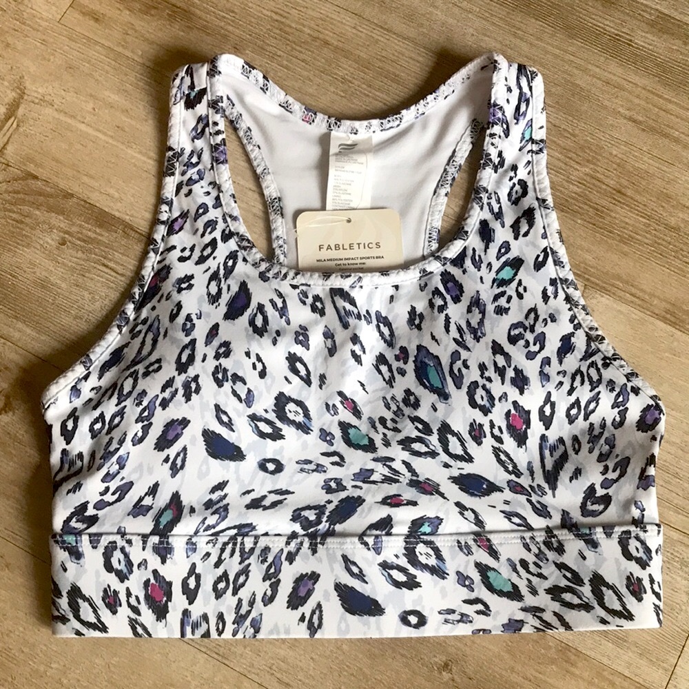 NWT Fabletics Mila Medium Impact Sports Bra, XS, White Black Purple Teal Pink